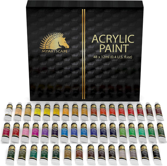 MyArtscape Acrylic Paint Set - 48 x 12ml Tubes - Lightfast - Heavy Body - Non Fading - Vibrant Colors - Artist Quality Painting Supplies - Professional Grade Paints