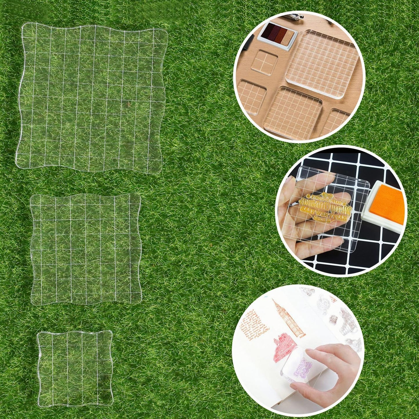 3Pcs Wave-Like Acrylic Blocks Set - Clear Stamp Blocks with Grid Lines for Scrapbooking Crafts