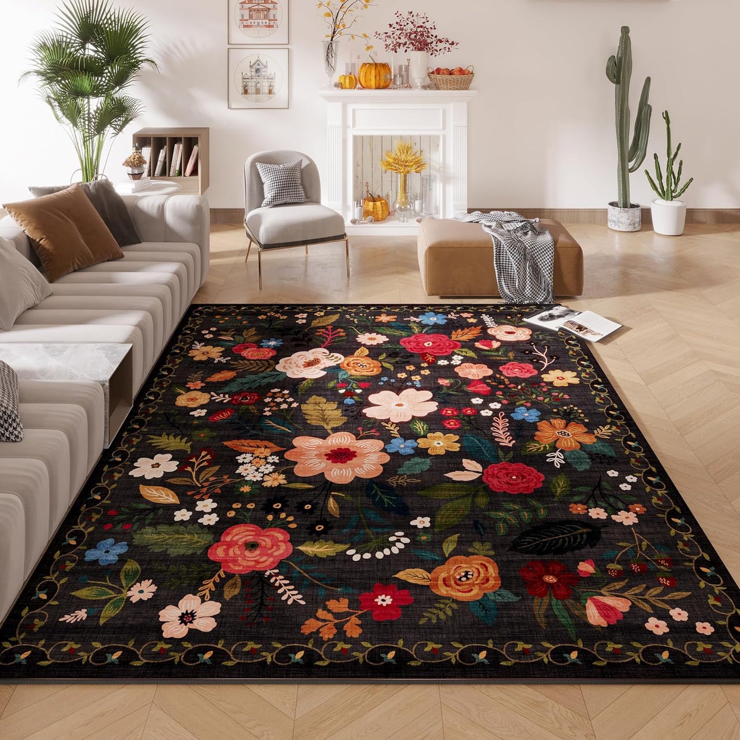 Rugcomf Living Room Rug 5x7 Rug Machine Washable Boho Area Rug Non Slip Floral Vintage Low Pile Large Rugs for Living Room, Bedroom, Farmhouse, Dining Room, Kids Playroom(Black)