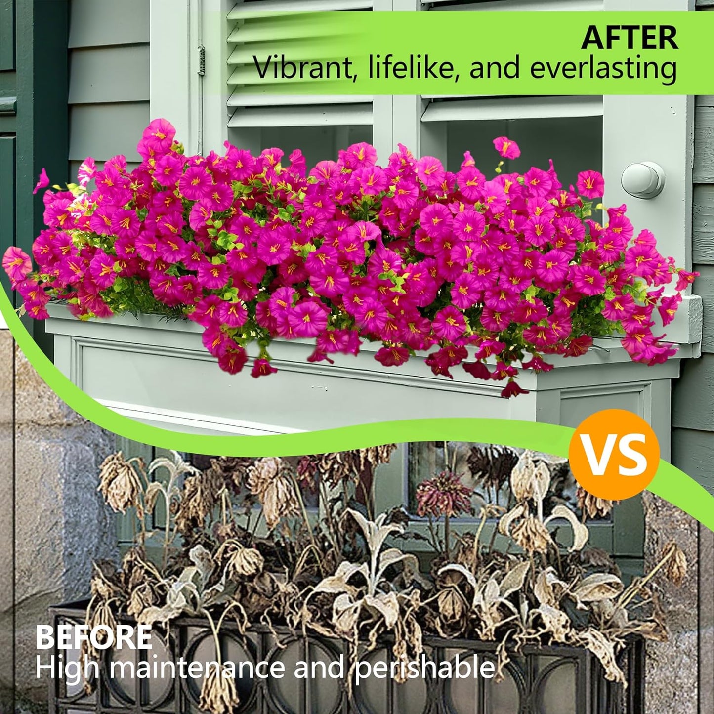 Artificial Flowers for Outdoors Spring Summer Decoration, 16 Bundles Fake Silk Realistic Morning Glory UV Resistant Faux Plastic Plants for Planter Front Door Porch Patio Yard (Fuchsia)