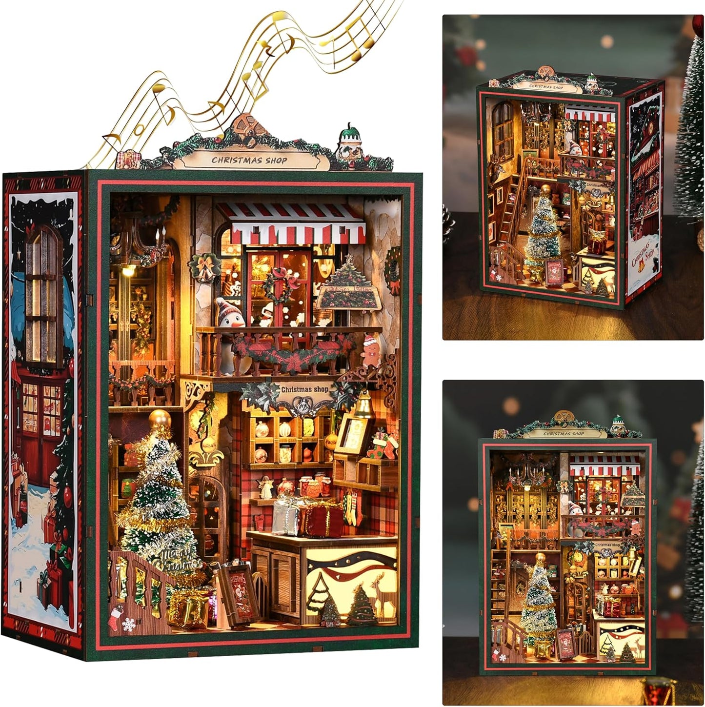 ISSEVE Book Nook Kit - DIY Miniature House Kit for Adults Teens Beginners, Christmas Dollhouse Booknook with Music Mechanism Tiny House Bookshelf Decoration 3D Wooden Puzzles (Christmas Shop)