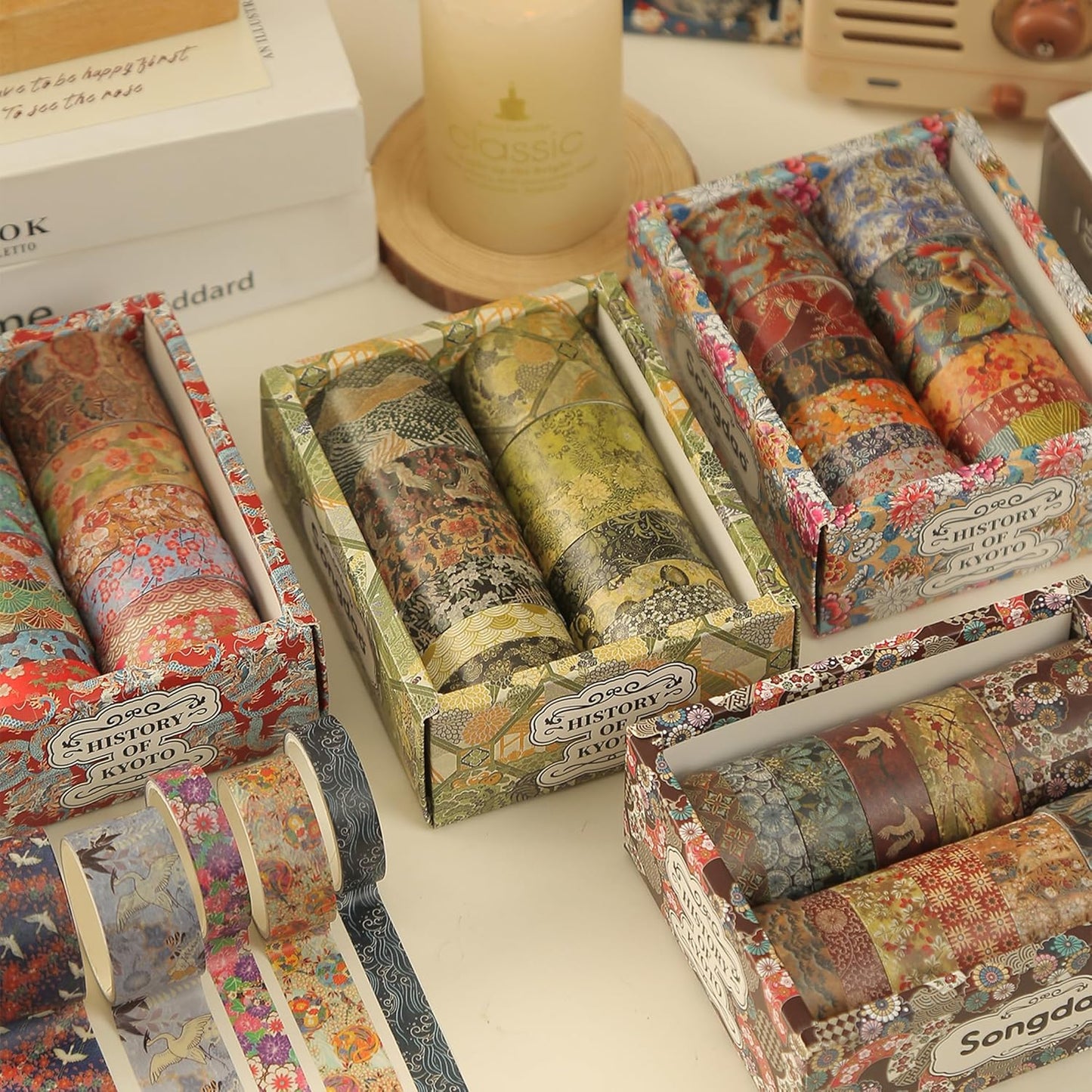 12 Rolls Kyoto Charm Washi Tape Set Japanese Arts Adhesive Tapes Geometric Garden Decorative Masking Tape Sets for Craft, Kids, Scrapbook, DIY, Gift Wrapping (Green Song)