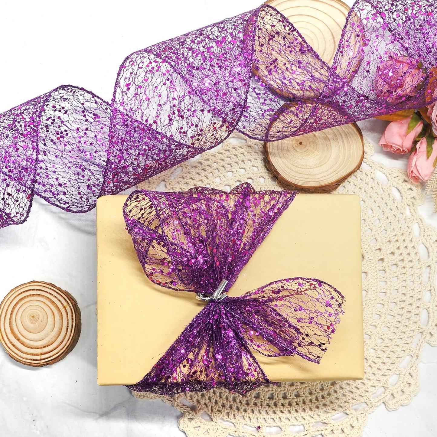 CT CRAFT LLC Sparkling Glitter Mesh Wired Ribbon 4" x 10 Yards Purple for Christmas Home Decor Bow Gift Wrapping DIY Crafts Wreath