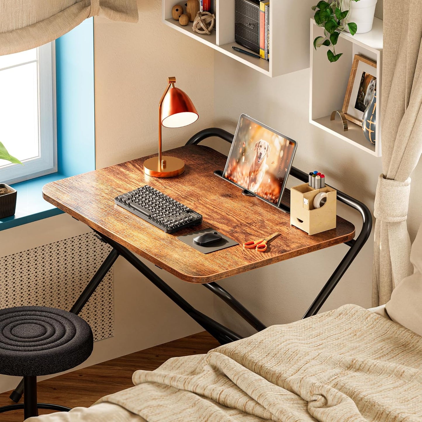 Huuger Folding Desk with 3-Level Adjustable Height and Tablet Slot, 24 Inch Foldable Computer Desk for Small Spaces, Space Saving, Writing Work Table for Home Office, Bedroom, Study, Rustic Brown