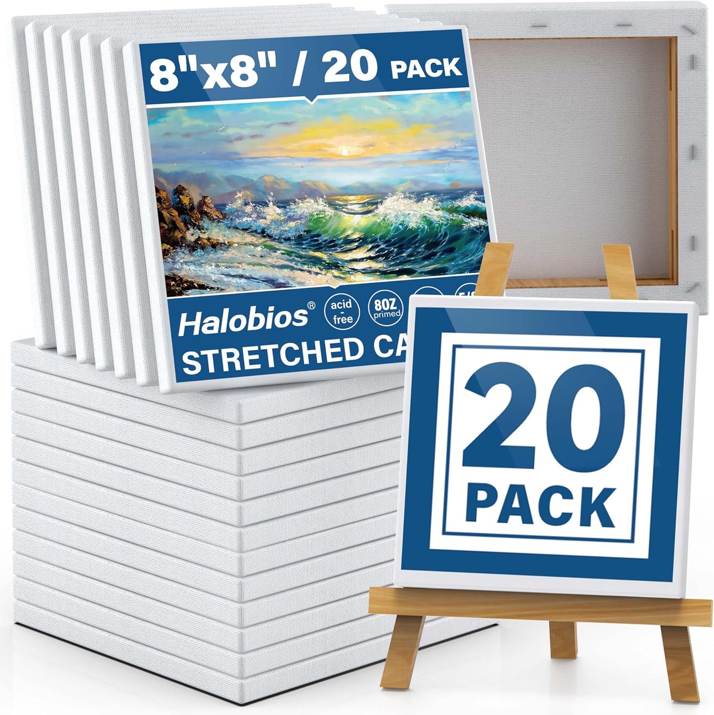 Professional Stretched Canvas Art Supplies, Acrylic, Oil, Watercolor, 20-Pack, 8x8 Inch, 5/8 Inch Profile, Cotton Canvas