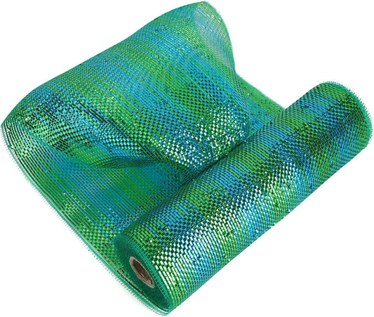 MEEDEE Peacock Ombre Deco Mesh 10 Inch Deluxe Wide Foil Metallic Xmas Mesh Christmas Tree Ribbon Ombre Mesh Ribbon for Christmas Tree, Wreaths, Garland, Gift Wrapping, Bows Making (30 Feet)