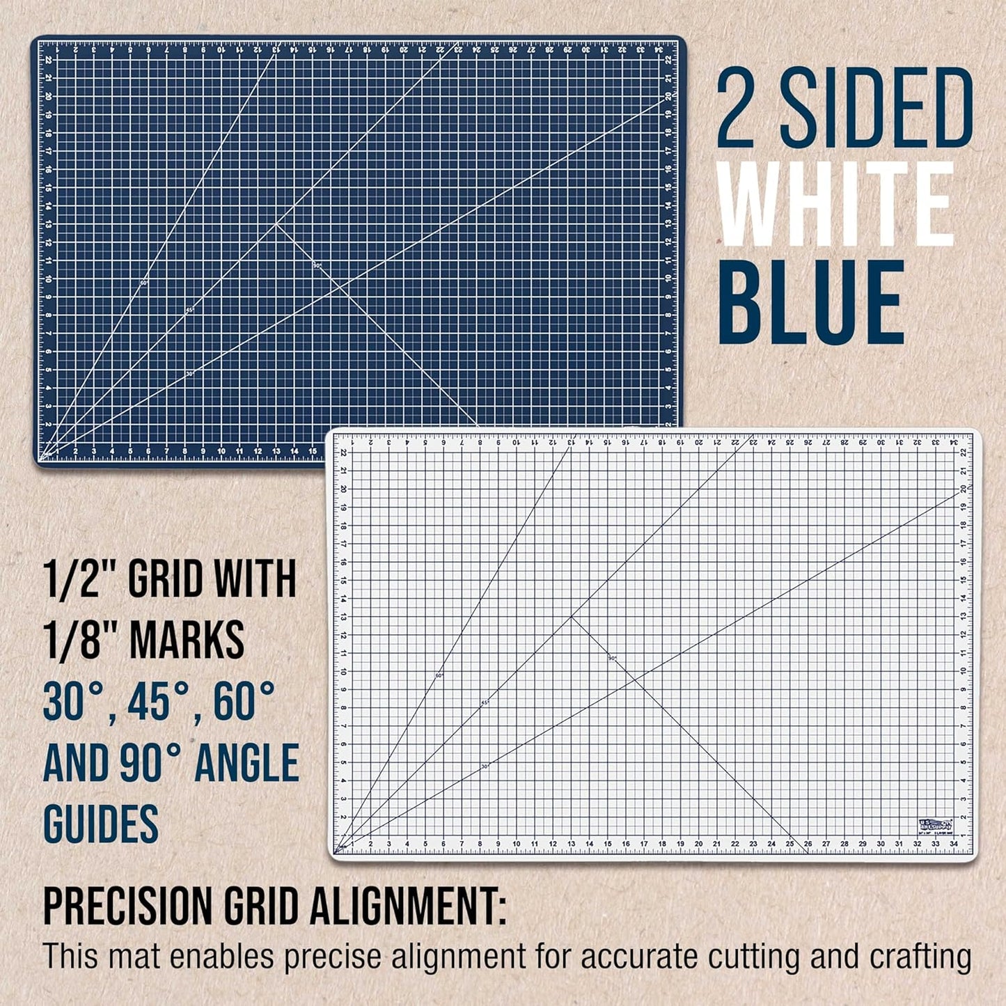U.S. Art Supply 24" x 36" Self-Healing Cutting Mat 5-Ply - Double-Sided White/Blue Craft Mat, Non-Slip Cutting Mats for Crafts, Sewing, Quilting, Scrapbooking