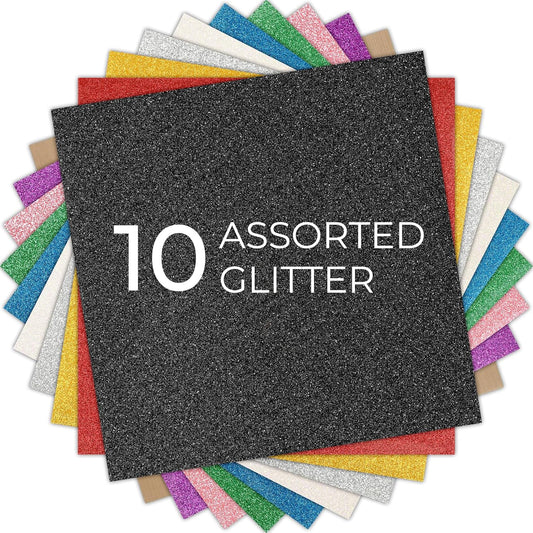 HTVRONT Glitter HTV Heat Transfer Vinyl Bundle: 10 Pack 12"x12" Iron on Vinyl for T-Shirt (1 PTFE Sheet Included), PU HTV Easy to Cut & Weed for Heat Design