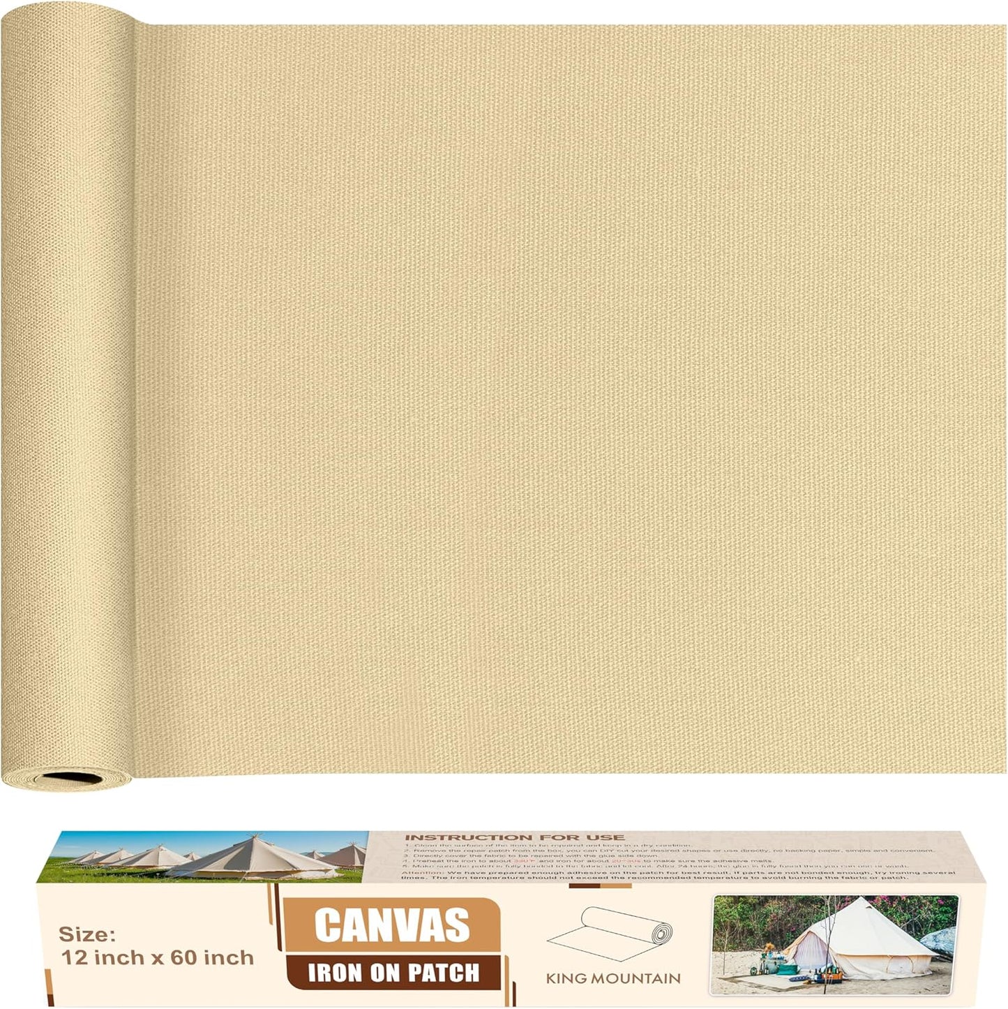 KING MOUNTAIN Canvas Iron on Patch,12"×60",Waterproof 100% Cotton Fabric Repair Patch,Used for Various Sofa,Tent,Clothes,Seats,Suitcases (Camel,Waterproof)
