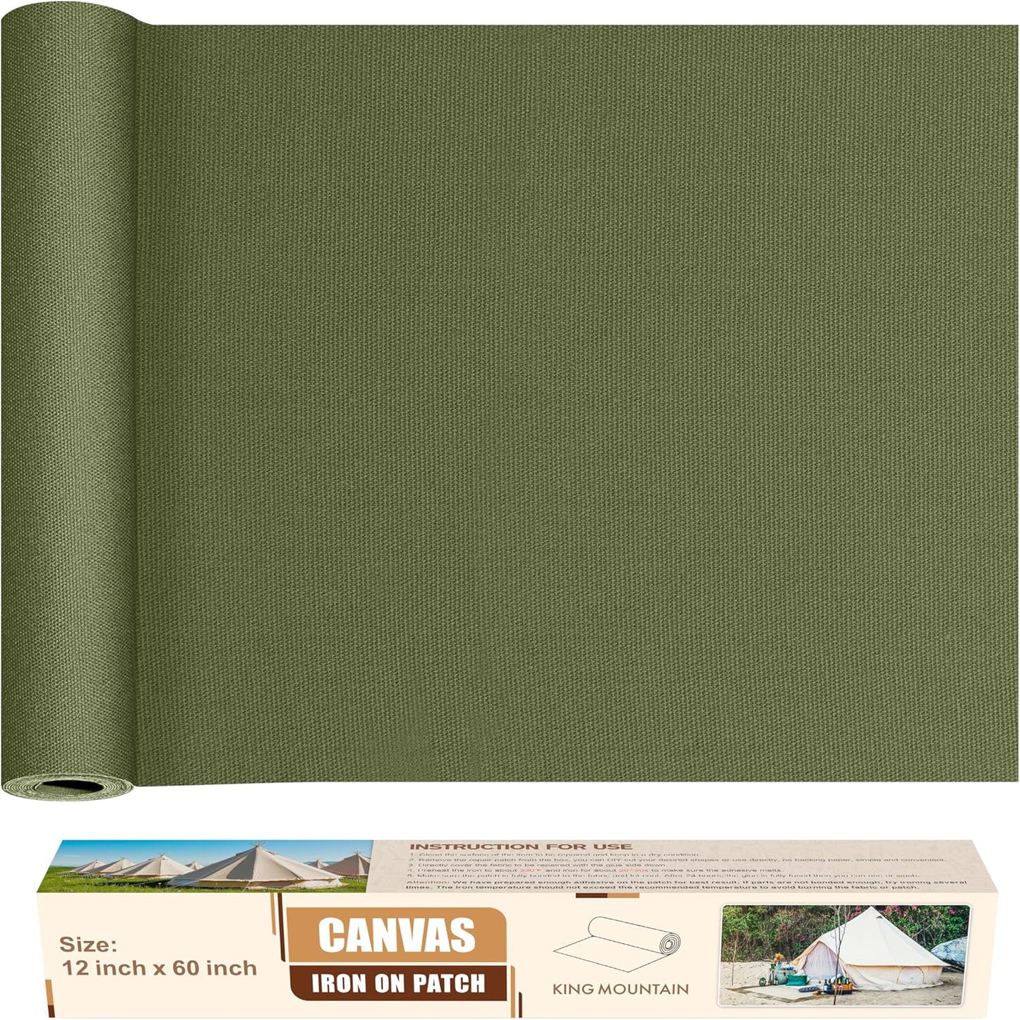 KING MOUNTAIN Canvas Iron on Patch,12"×60",Waterproof 100% Cotton Fabric Repair Patch,Used for Various Sofa,Tent,Clothes,Seats,Suitcases (Grass Green,Waterproof)