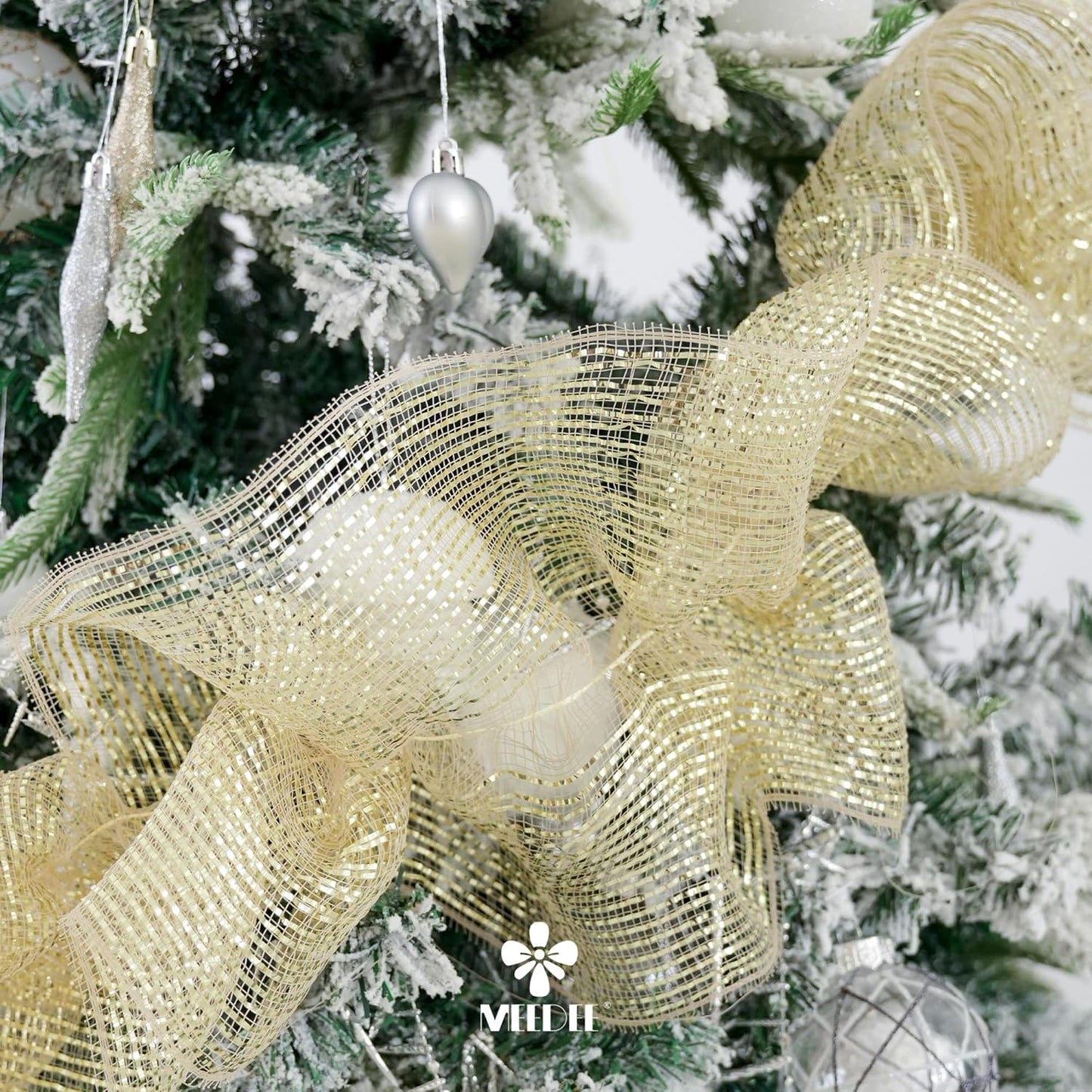MEEDEE Champagne Deco Mesh 10 Inch Deluxe Wide Foil Metallic Pull Up Mesh Champagne Gold Mesh Ribbon for Christmas Tree, Wreaths, Garland, Gift Wrapping, Bows Making (30 Feet)