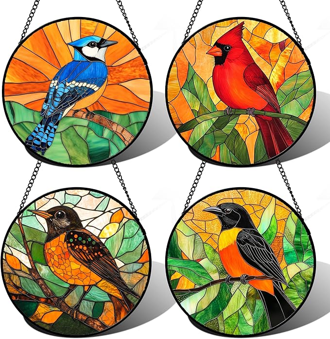 Stained Glass Window Hanging 4 Pcs Set Birds 7.8" - Cardinal Blue Jay Suncatcher Door Garden Sun Catcher Decor Birthday Christmas for Bird Lovers Mom Woman Nana Men