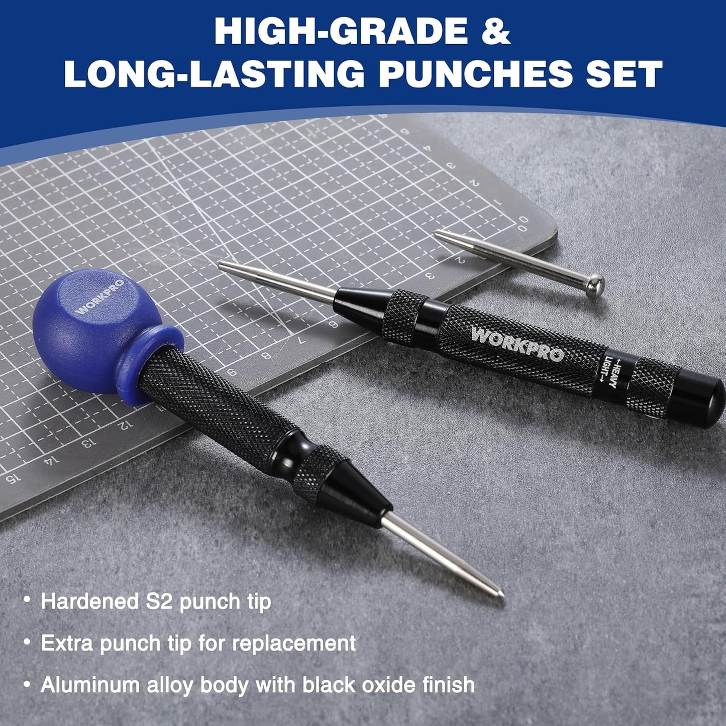 WORKPRO 2PCS Automatic Center Punch with an Extra Replacement Tip, Adjustable Spring Loaded Center Punch, Metal Punch Tool, Center Hole Punch for Wood, Metal, Plastic