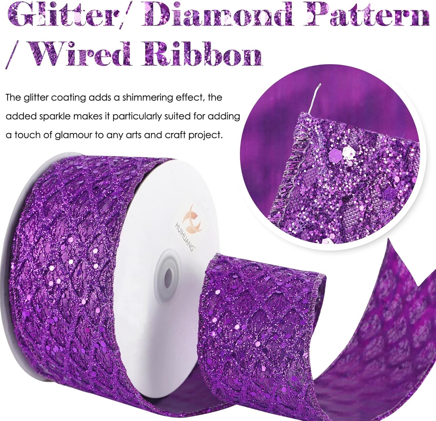 HUIHUANG Purple Wired Ribbon for Christmas Tree 2.5 inch Purple Glitter Diamond Mesh Ribbon for Tree Decoration, Wreaths, Garland, Gift Wrapping, Large Bows Making, Halloween Decor -10 Yards