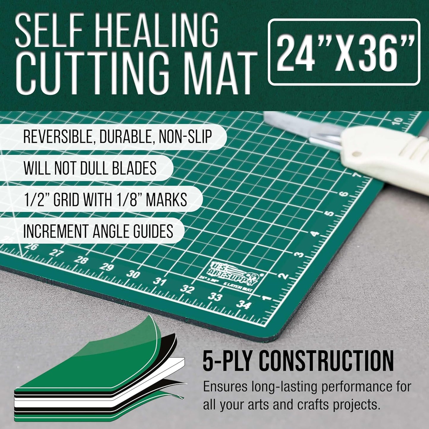U.S. Art Supply 24" x 36" Self-Healing Cutting Mat 5-Ply - Double-Sided Green/Black Craft Mat, Non-Slip Cutting Mats for Crafts, Sewing, Quilting, Scrapbooking