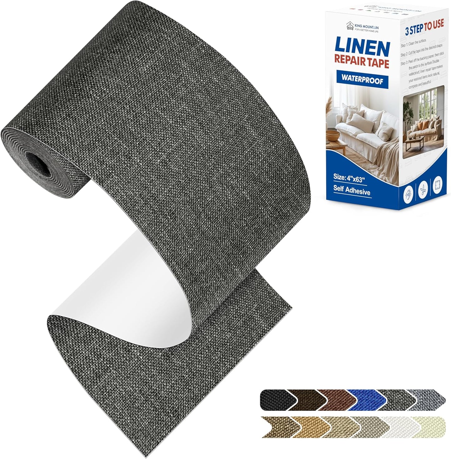 KING MOUNTAIN Linen Repair Patches, Self-Adhesive Linen Fabric Patches, 4 X 63 inch Extra Size, Multi Color, Can be Used for Linen Sofa Repair and Linen Clothes Repair (Dark Grey2.0)