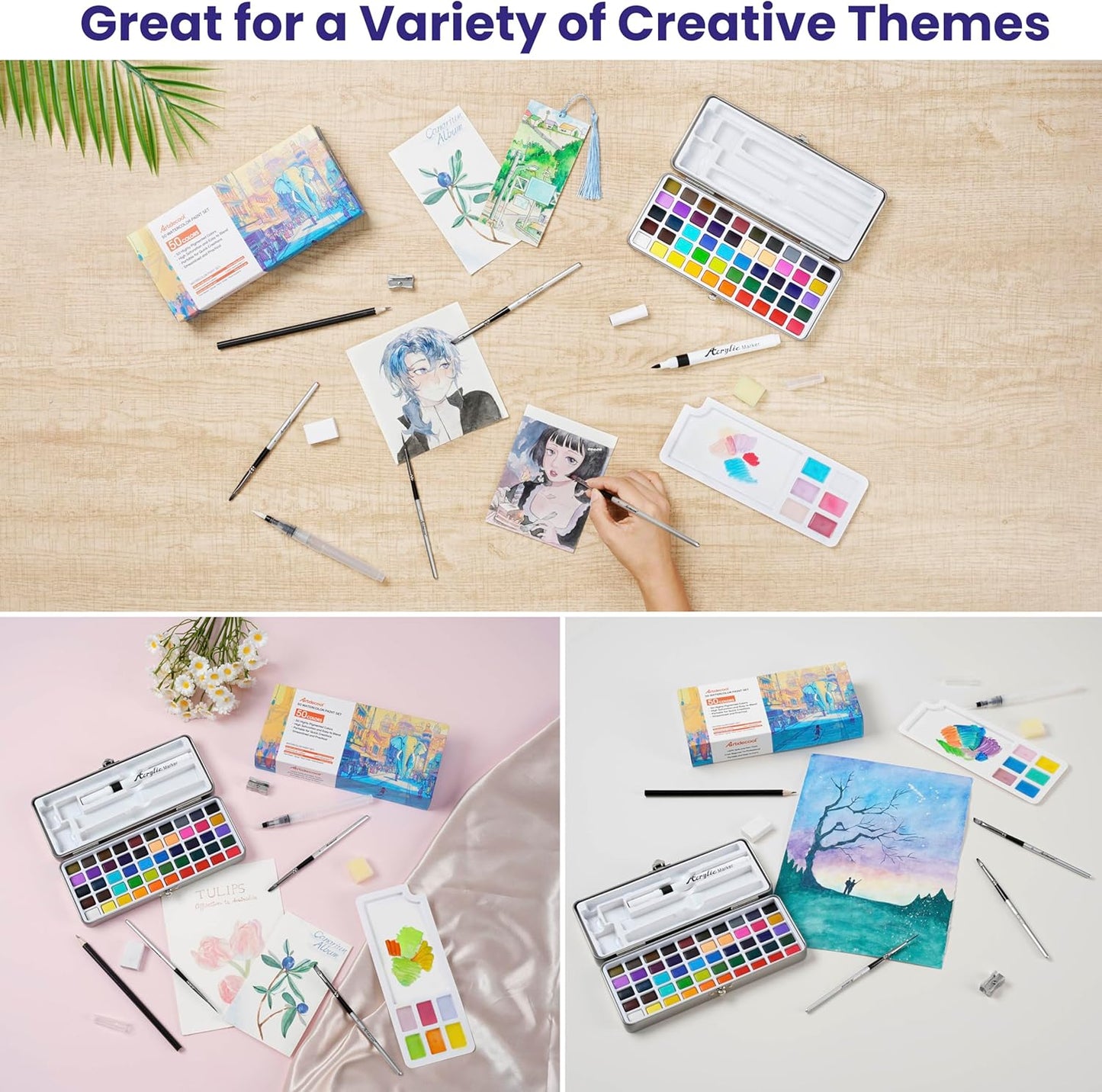 Watercolor Paint Set, 50 Colors, 4 Brushes, 3 Swatch Cards, Palette, Acrylic Marker Pen, and Accessories Included, All in One Portable Travel Watercolor Kit, Art Supplies Gift for Kids, Adults, Artists, and Hobbyists