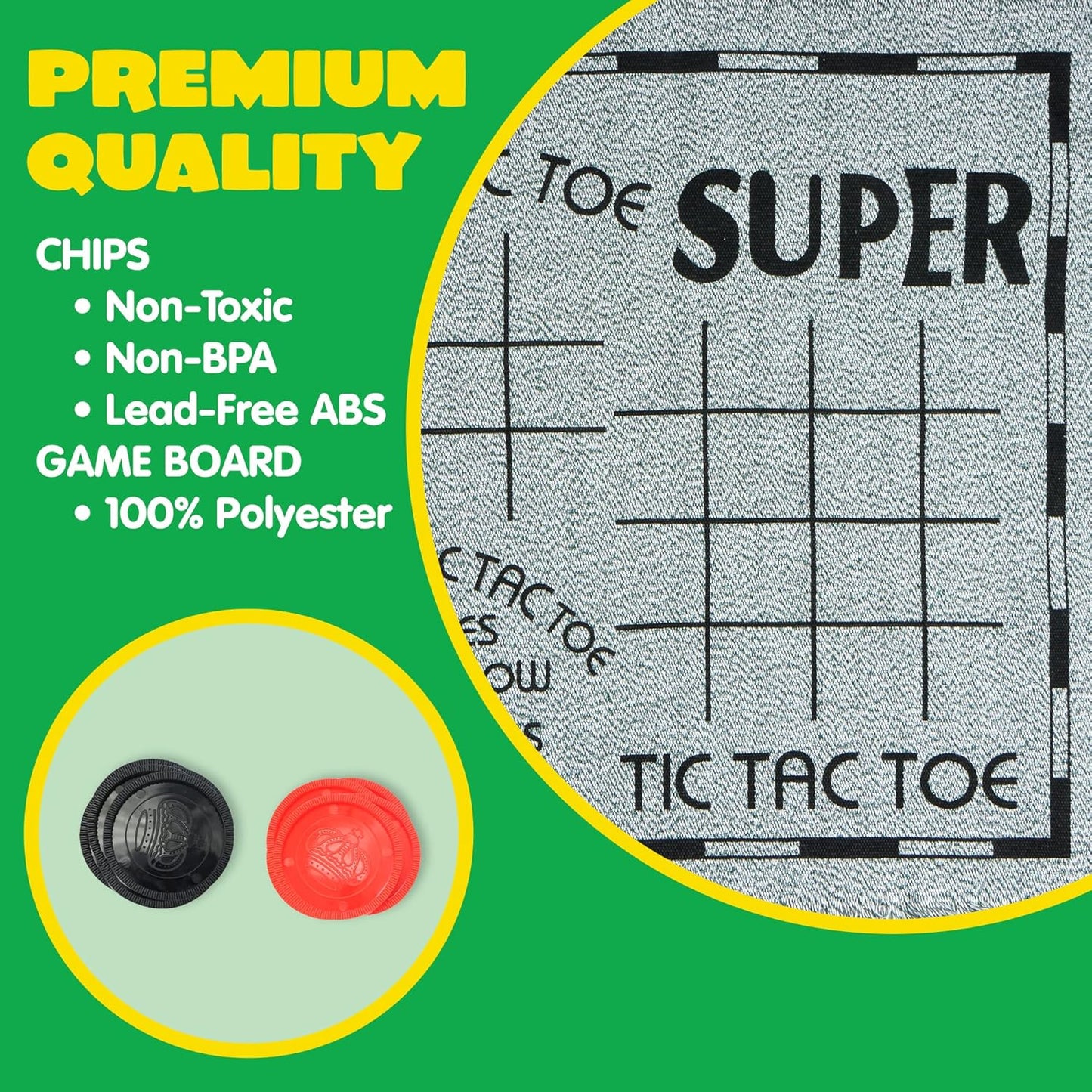 3-in-1 Vintage Giant Checkers, Tic, Tac, Toe, with Reversible Mat, 24 Chips, Family Board Game, Lawn Game, BBQ Party Favor, Indoor and Outdoor Activity for Kids and Adults