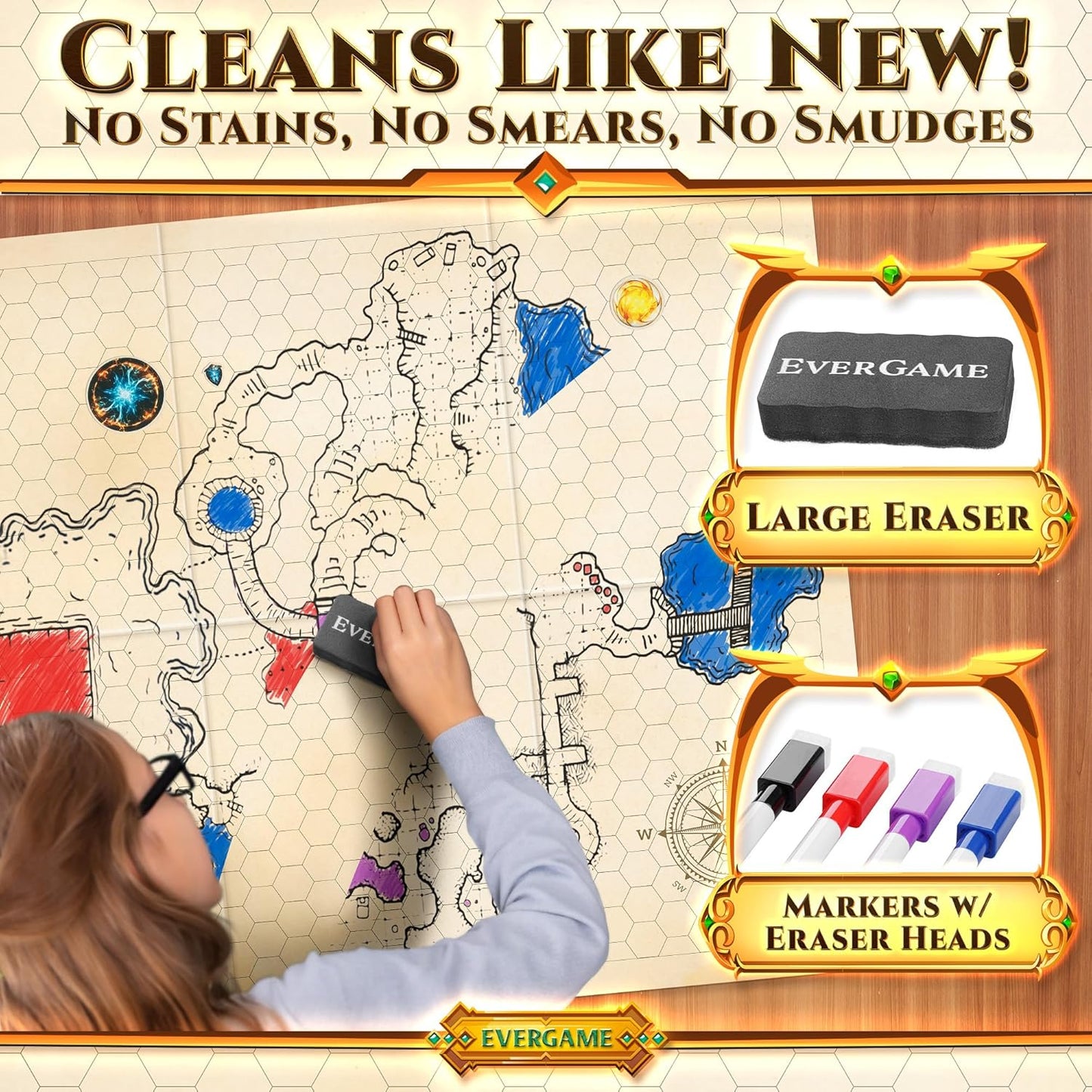 10 DND Game Mats and a lot More - Includes 6 Dungeons & Dragons Board Game Battle Maps (1" Hex Grid), Huge Size 22x26-4 3D Battle Arenas, 140+ Reusable Stickers, 4 Markers & Eraser, by EverGame