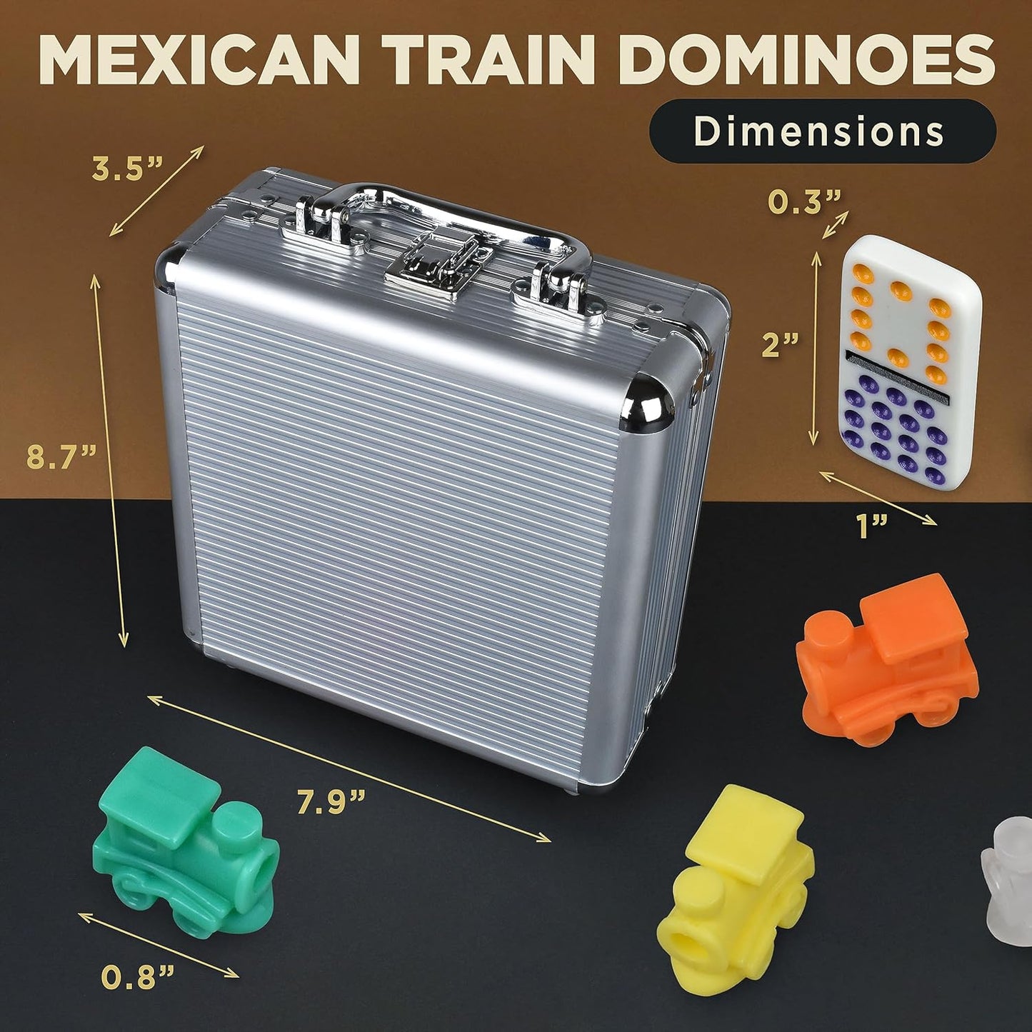 Queensell Mexican Train Dominoes - 136 Colored Dot Double 15s, 9 Trains, Wooden Hub, Aluminum Case