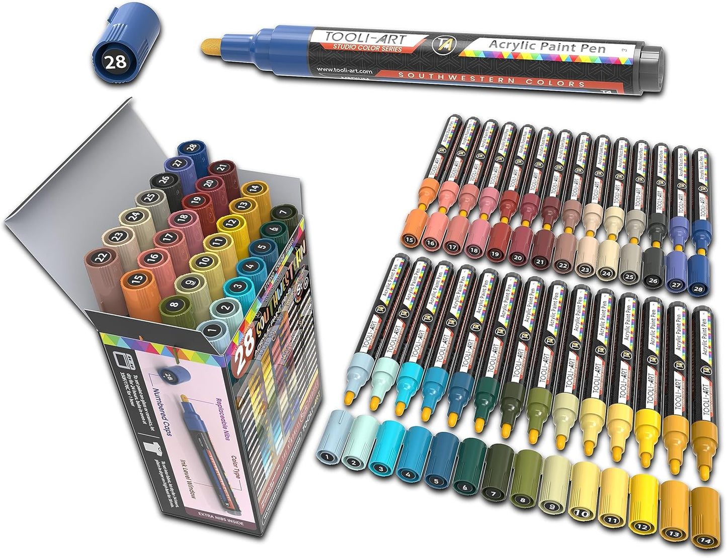 28 Southwestern Colors Acrylic Paint Pens Studio Color Series Markers Set 3mm Medium Tip, Rock Painting, Glass, Mugs, Wood, Metal, Canvas, DIY Projects, Detailing. Non Toxic, Waterbased, Quick Drying