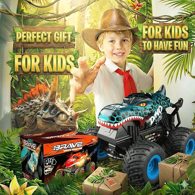 BEZGAR Monster Truck Toys - Remote Control Monster Truck with Light & Music, Dinosaur Toys for Kids, 1:20 Scale RC Truck with 360° Spins and Drifting, Remote Control Car for Boys 4-7 Blue