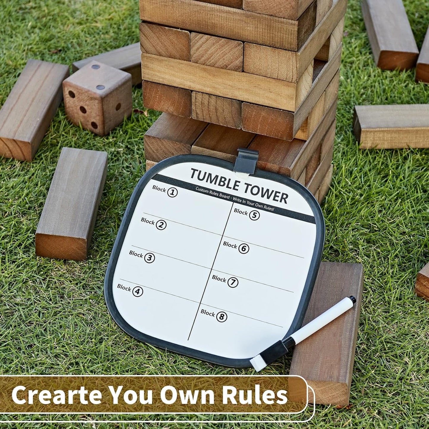 ApudArmis Giant Tumble Tower Stack to Over 5Ft, 60 PCS Pine Wooden Stacking Timber Game with 1 Dice Set - Classic Block Giant Game (7.48 * 2.48 * 1.5 in Each Block, Brown)