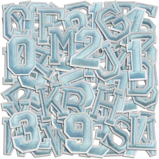 Letter and Number Iron On Patches, A-Z Alphabet and Numbers 0-9 Embroidery Applique Patch, DIY Decorative Heat Press Patches for Clothing Jeans Jackets Backpacks Hats (Light Blue 72 Pcs)