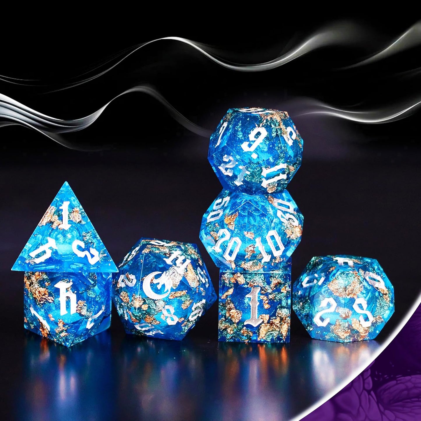 The Moon of Mystery Liquid Core DND Dice Set – Unique Resin Dice for Dungeons & Dragons – Blue Galaxy Moon Dice Set for D&D Gifts
