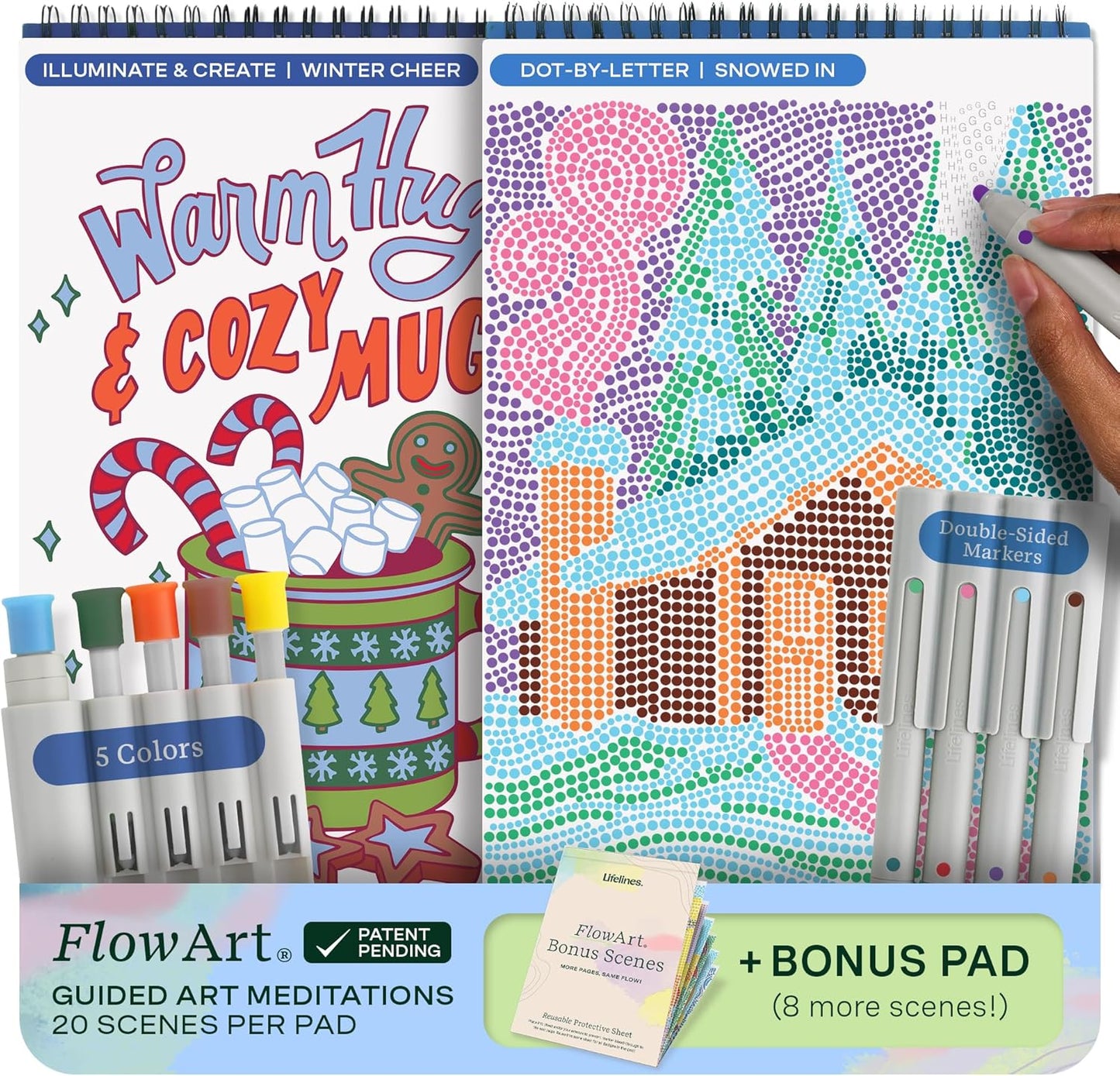 Lifelines FlowArt Activity Pad, 2-Pack Winter Set + Bonus Pad - Guided Art Meditations with Markers – Dot-by-Letter & Illuminate & Create - Coloring Books for Tweens, Adults & Seniors