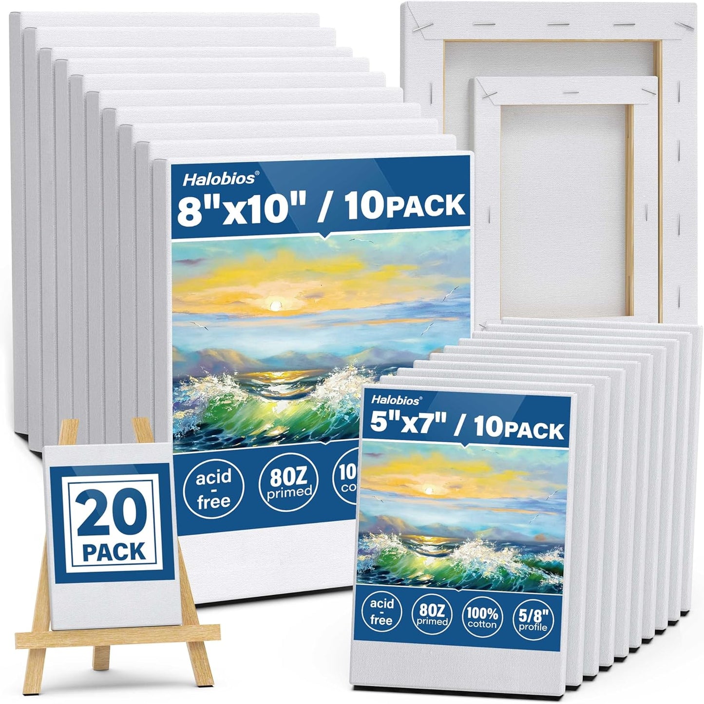 Professional Stretched Canvas for Painting with 8x10 inch, 5x7 inch (10 of Each), 20 Packs Blank Canvases Art Supplies for Acrylic, Oil, Pouring,100% Cotton, Primed, 5/8 Inch Profile
