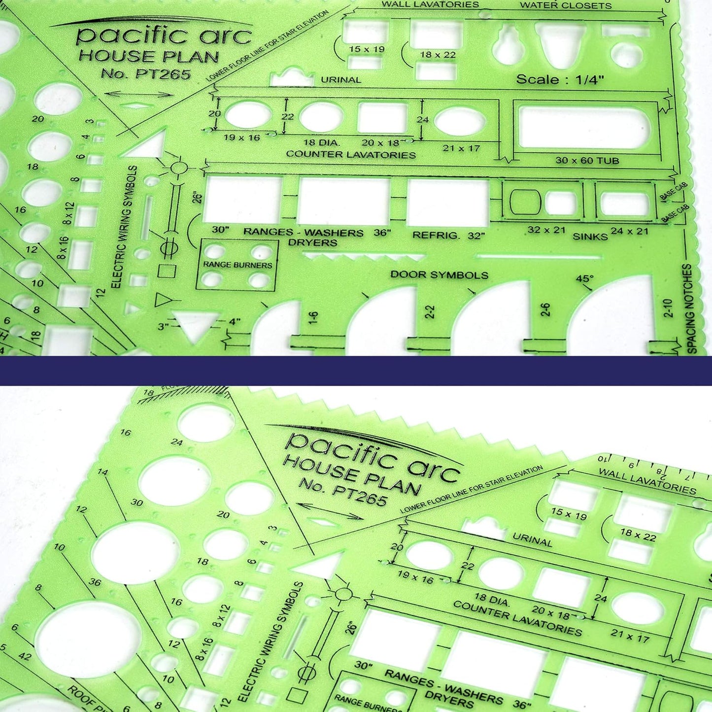 Pacific Arc House Plans Templates Guide, with Stairs, Doors, Plumbing, Kitchen Appliances, and Roof Pitch Gauge, Scale of 1/4 Inch to 1 Foot
