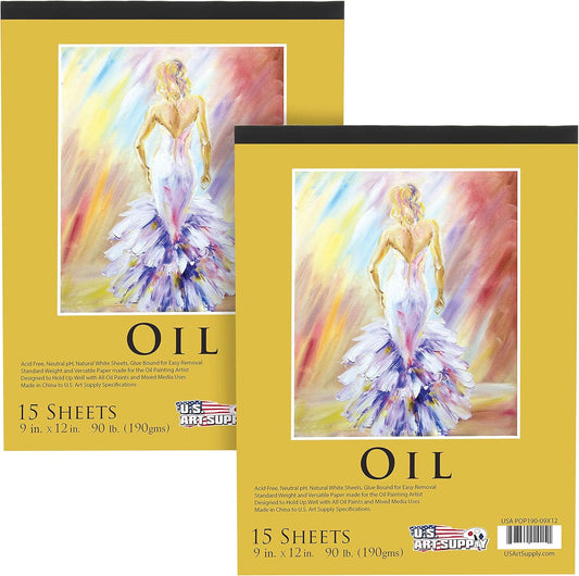U.S. Art Supply 9" x 12" Premium Heavy-Weight Oil Painting Pad (2 Pack, 30 Sheets Total) - 90lb (190gsm) - Oil Pastel Paper for Students and Adults