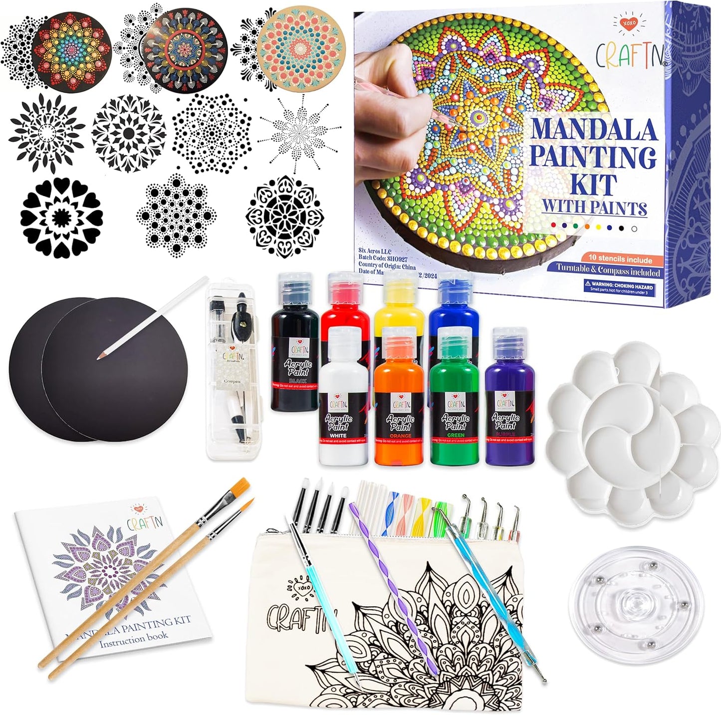 Complete Beginner's Mandala Painting 46 Piece Kit with Acrylic Paints, Reusable Stencils and Dotting Tools. Fun Rock Art & DIY Craft Project. Starter Activity Pack and Gift for Teens, and Adults