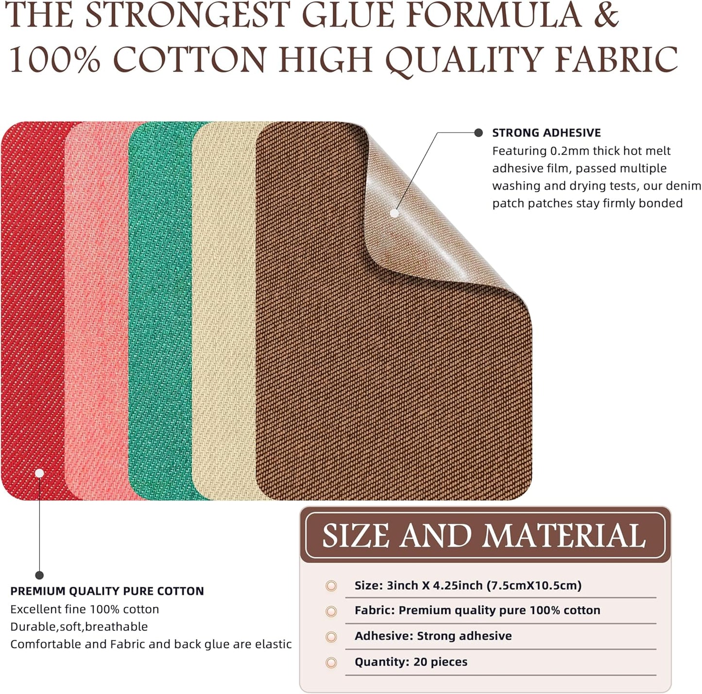 KING MOUNTAIN Iron-on Repair Patch 20 Pcs Pack,Denim Patches for Jeans Kit 3" by 4-1/4", 100% Cotton Denim Iron-on Repair Patch,Jeans and Clothing Repair and Decoration Kit (Five Color 2.0)