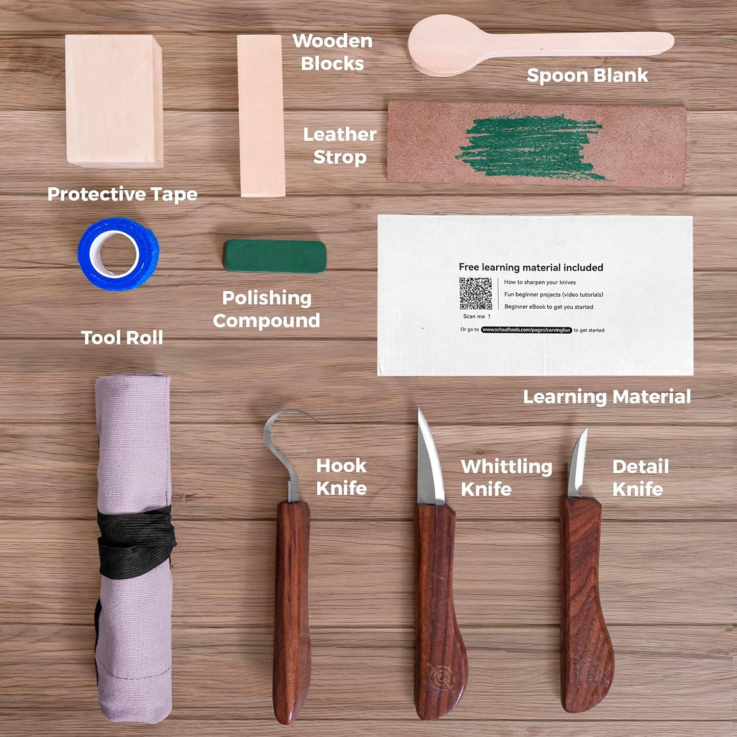 Beginner-Friendly Wood Carving Kit, 3pc Whittling Knife Set with Wood Carving Knives, Spoon Carving Knife, Basswood Blocks, & Fun Learning Videos, Wood Whittling Kit for Beginners from Schaaf Tools