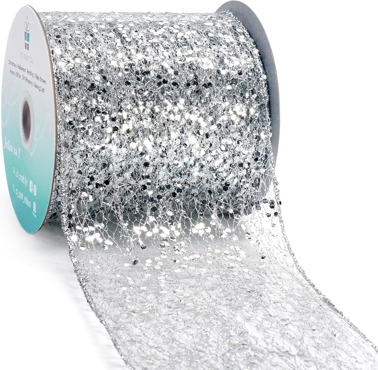 CT CRAFT LLC Sparkling Glitter Mesh Wired Ribbon 4" x 10 Yards Silver for Christmas Home Decor Bow Gift Wrapping DIY Crafts Wreath