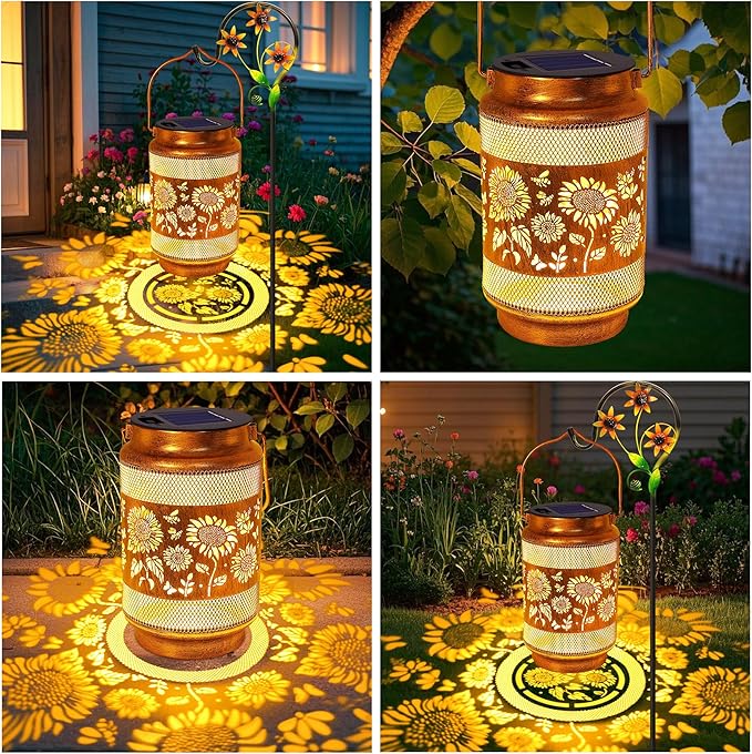 2 Pack Sunflower Solar Lanterns Outdoor Waterproof Solar Garden Decor, Birthday Gifts for Christmas Women Mom Grandma, Metal Hanging Lights with Shepherd Hook for Outside Yard Patio Pathway Backyard