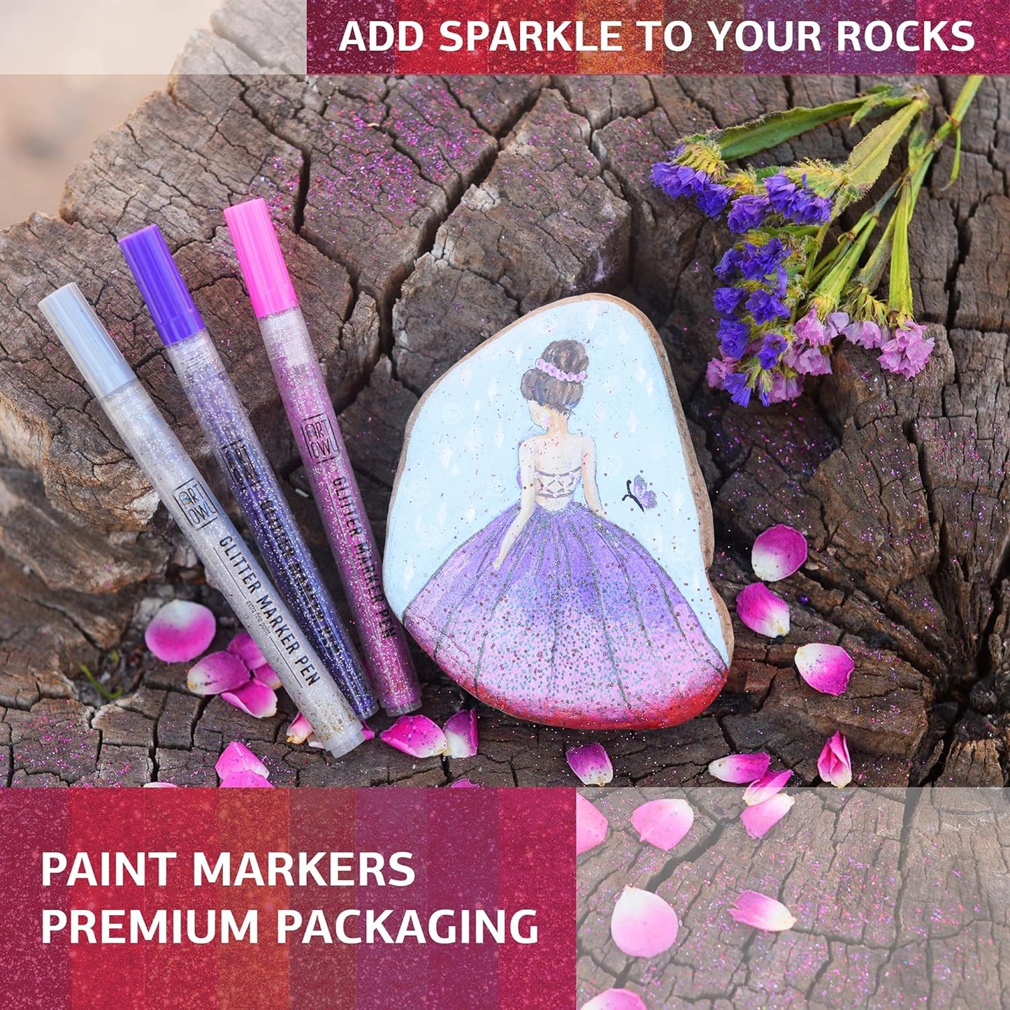 Acrylic Glitter Paint Marker Pens, Ultra Fine Point 0.7mm - Sparkle Paint Pens for Rock Painting, Stone, Ceramic Glass, Wood, Card Stock, Canvas, DIY Crafts - Set of 12