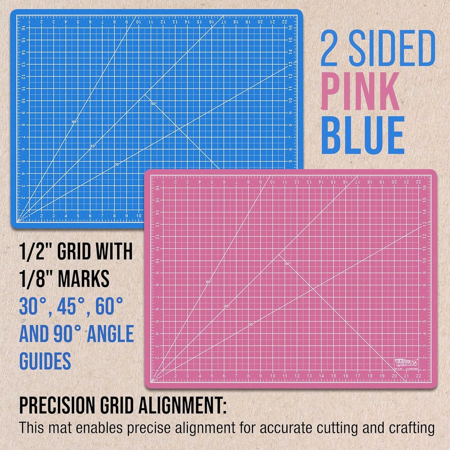 U.S. Art Supply 18" x 24" Self-Healing Cutting Mat 5-Ply - Double-Sided Pink/Blue Craft Mat, Non-Slip Cutting Mats for Crafts, Sewing, Quilting, Scrapbooking