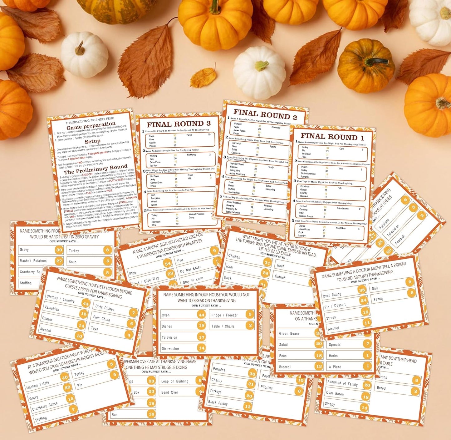 Thanksgiving Family Feud Game, Thanksgiving Party Games for Adults, Friendly Feud Quiz for Family Game Night Funny Trivia for Office Groups, 12 Question Game Cards and 3 Final Round Cards, 01