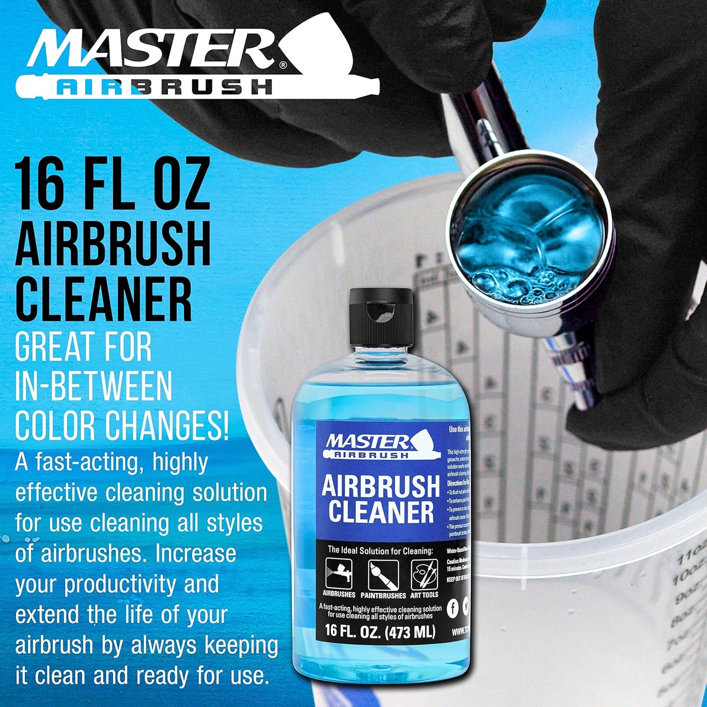 Master Airbrush Cleaner, 16-Ounce Pint Bottle - Fast Acting Cleaning Solution, Quickly Remove Water-Based Acrylic Paint, Watercolor, Makeup - Clean Clogged Airbrushes, Brushes, Artist Tools