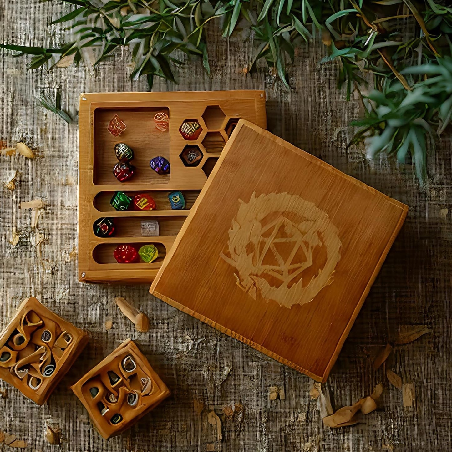 Bamboo Dice Box DND Dice Case 2 in 1 Dice Tray and Storage 7.5 x 7.5 Inch DND Dice Holder Dice Vault with Magnetic Lid Dice Rolling Tray Combined into One for RPG