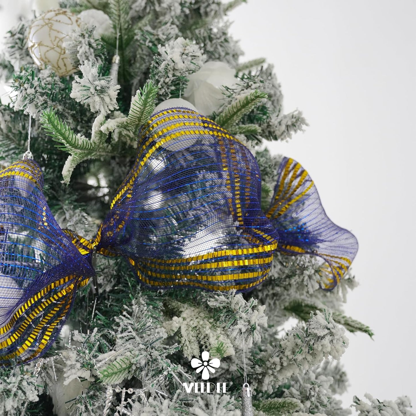 MEEDEE Navy Deco Mesh 10 Inch Deluxe Wide Foil Gold Border Mesh Metallic Mesh Fabric Navy Blue & Gold Mesh Ribbon for Christmas Tree, Wreaths, Garland, Gift Wrapping, Bows Making (30 Feet)