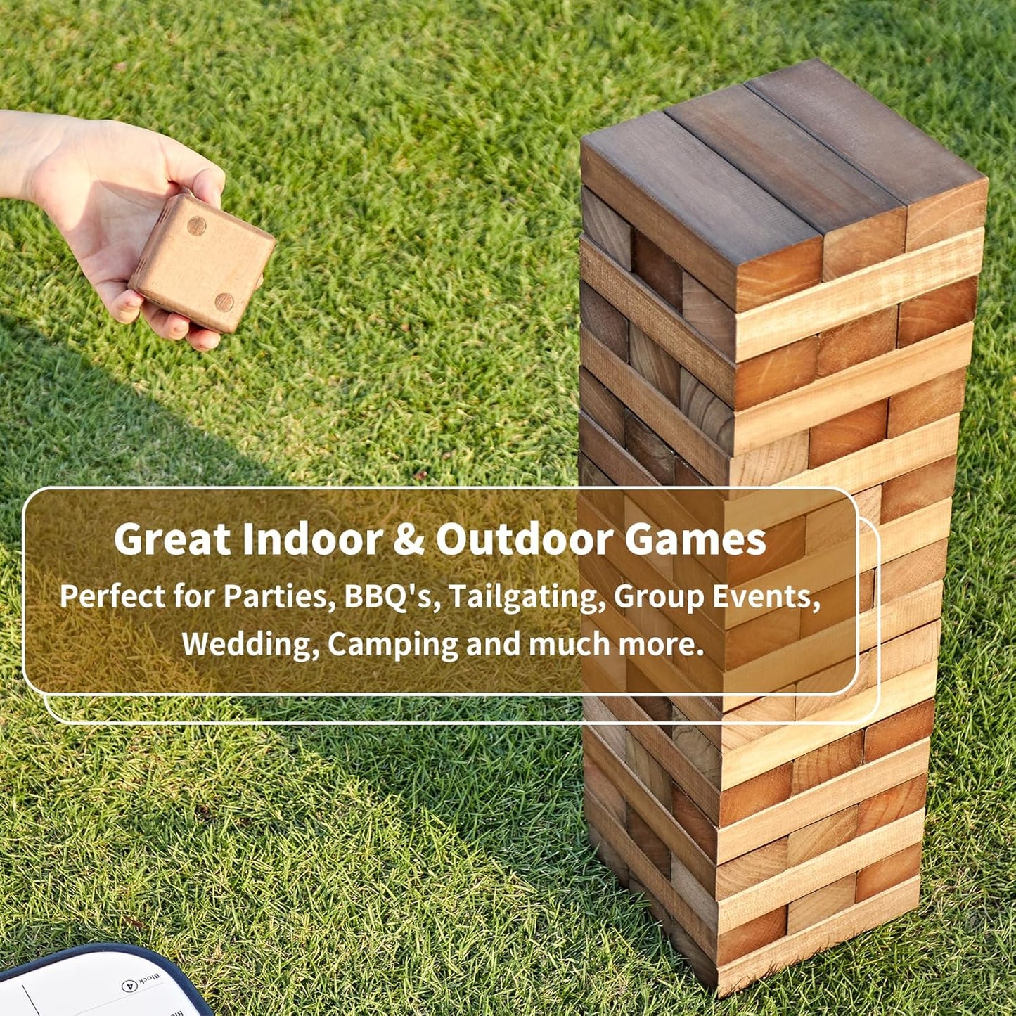 ApudArmis 54 PCS Tumble Timber Set Up to 3.2FT, Pine Wooden Tumble Tower Game with Dice and Scoreboard Set - Classic Block Stacking Board Game for Adults Teenagers (Brown)