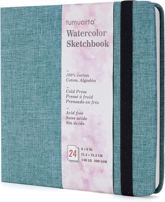 tumuarta Square Watercolor Sketchbook, 6x6”, 140 LB, 300GSM, 100% Cotton Paper, Cold Press, 24 Sheets,48 Pages, Plein Air Watercolor Journal For Use As Travel Sketch book and Mixed Media Pad On The Go