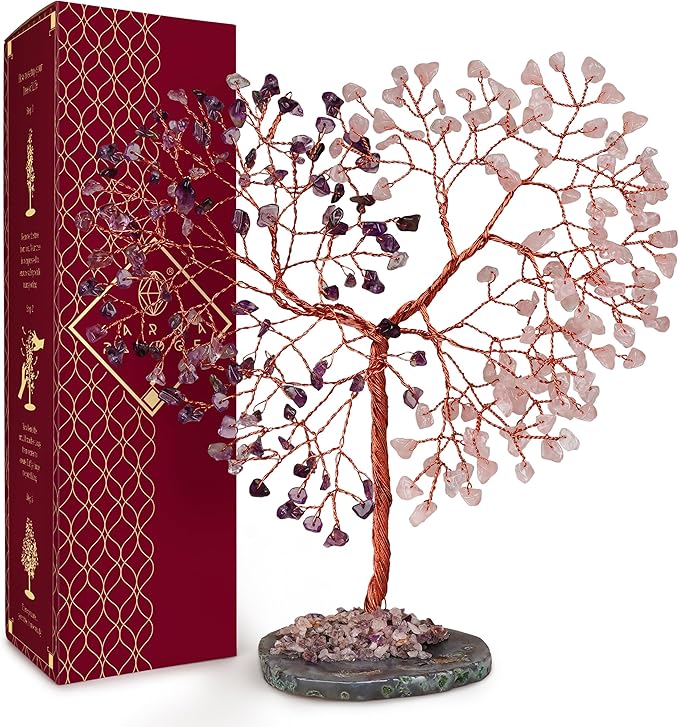 Crystal Tree for Home and Office Decoration, Amethyst & Rose Quartz Healing Stones Handmade Tree of Life for Positive Energy, Money, Good Luck, Christmas Decor, Birthday Gifts for Women, Mom