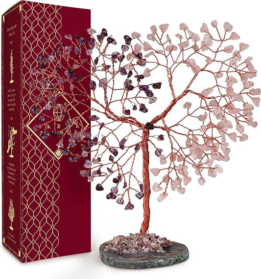 Crystal Tree for Home and Office Decoration, Amethyst & Rose Quartz Healing Stones Handmade Tree of Life for Positive Energy, Money, Good Luck, Christmas Decor, Birthday Gifts for Women, Mom