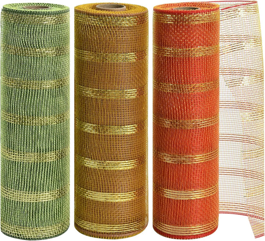 TONIFUL 10 Inch 3 Rolls Orange/Green/Gold Thanksgiving Decorative Mesh Ribbons, Fabric Mesh with Foil for Tree Home Front Door Wreaths Decorations Party Supplies（3 Colors, 10yards/ roll）
