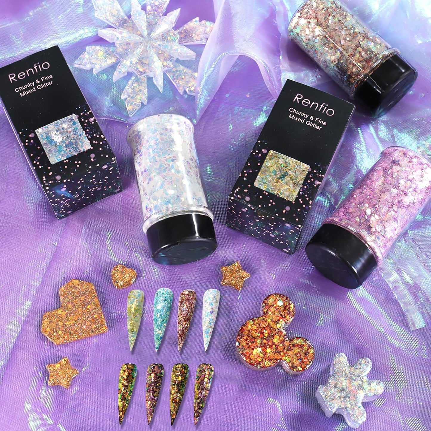 Renfio Opal Chunky Glitter, 1.75oz/50g Purple Glitter, Dreamy High Sparkle Glitter for Crafts Holographic Fine Glitter Mix Iridescent Glitters Flake for Resin Nails Art Hair DIY Snow - Elegant Lilac